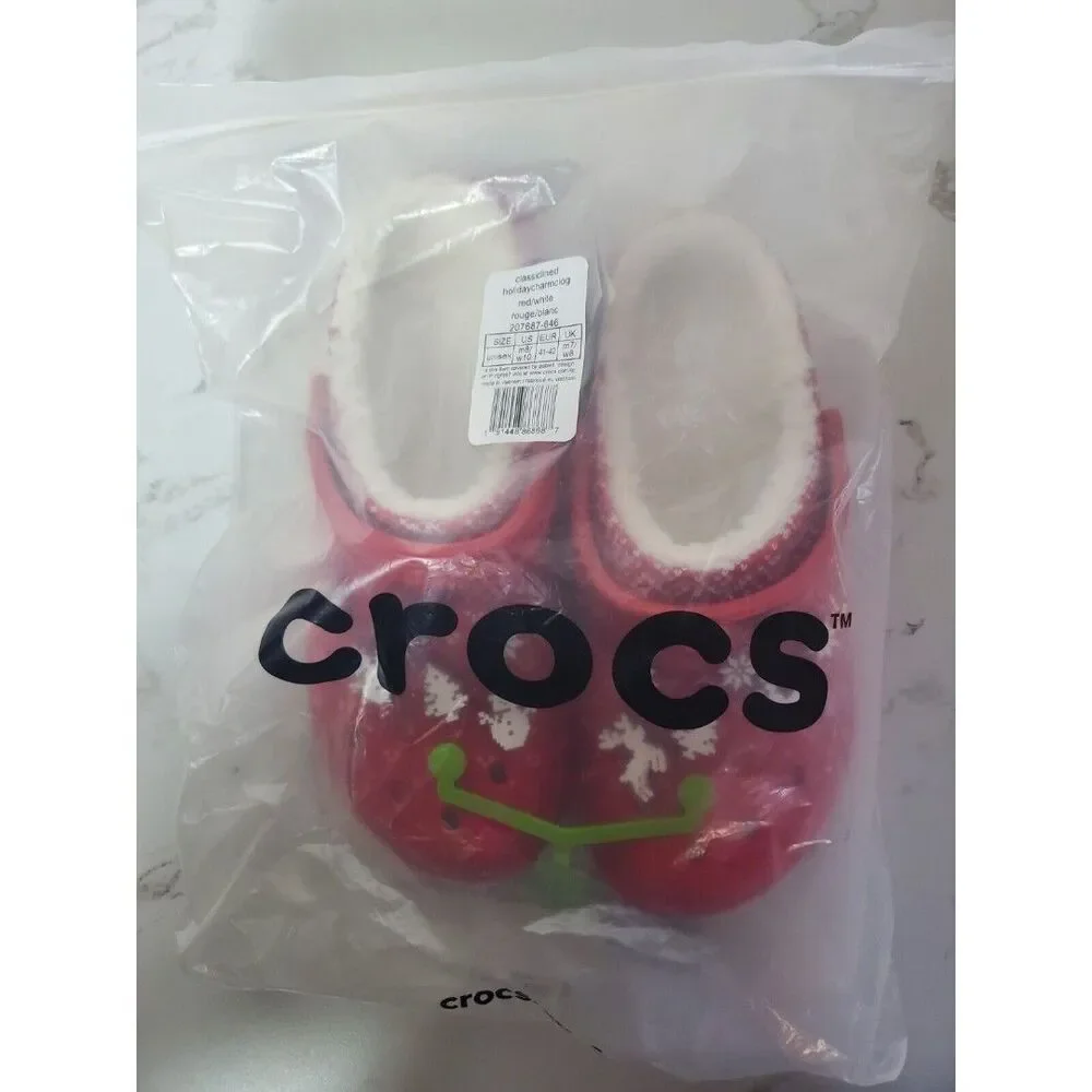 NWT Classic Lined Red White Christmas Holiday Crocs Men's 8 Women's 10